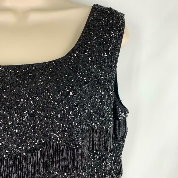 Vintage Hong Kong Top Beaded Fringe Sequin S Gatsby Flapper Black Evening B-38 - Picture 2 of 5